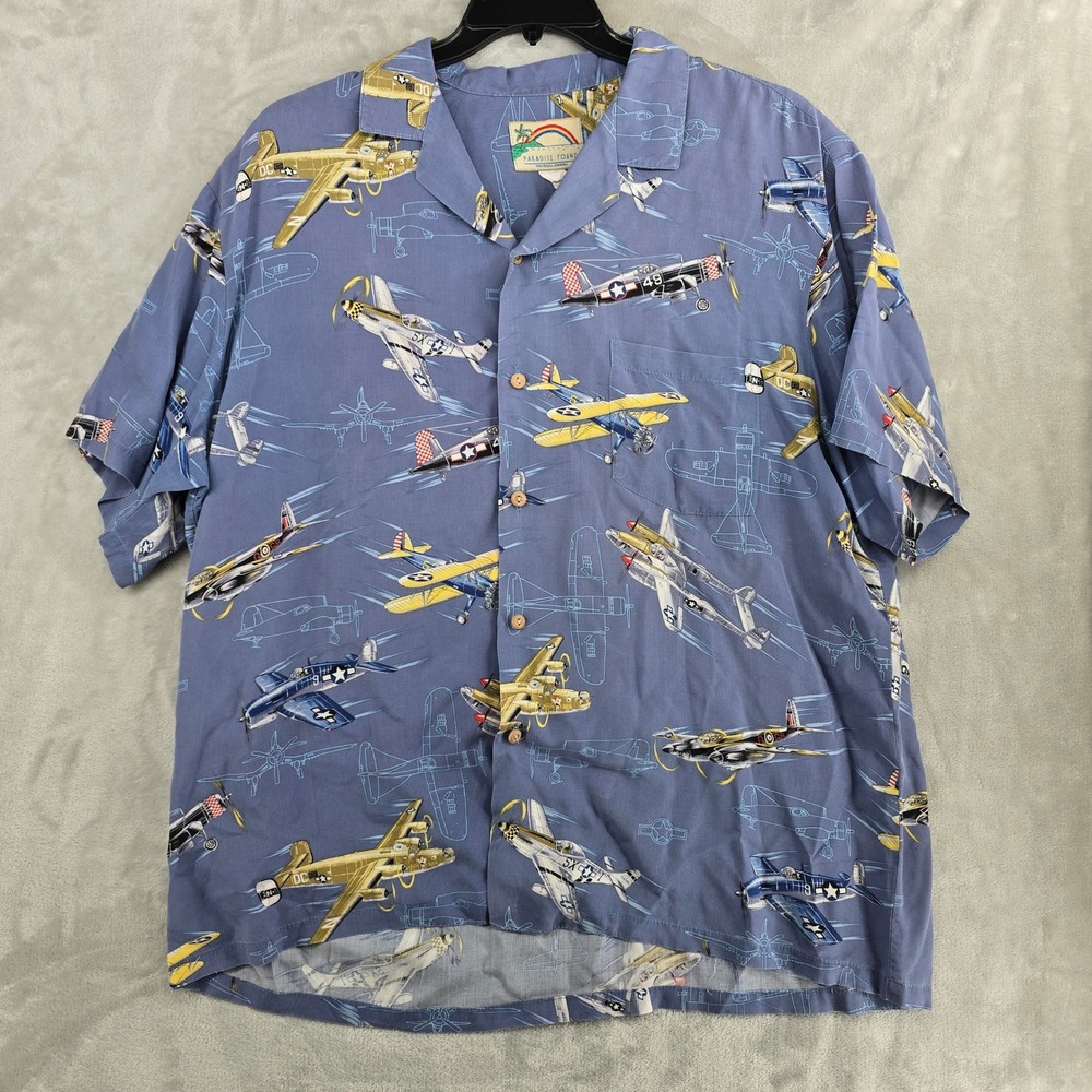 Paradise Found Hawaiian Shirt Mens Airplane Print Button‎ Up Blue Size L